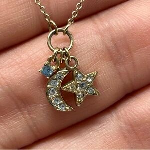 Vintage Monet Gold Tone Chain Pendant Necklace Crescent Moon & Star Rhinestones